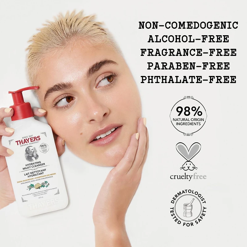 THAYERS Hydrating Milky Cleanser with Hyaluronic Acid and Snow Mushroom, Natural Facial Cleanser, For All Skin Types, 237mL, THAYERS Hydrating Milky Cleanser