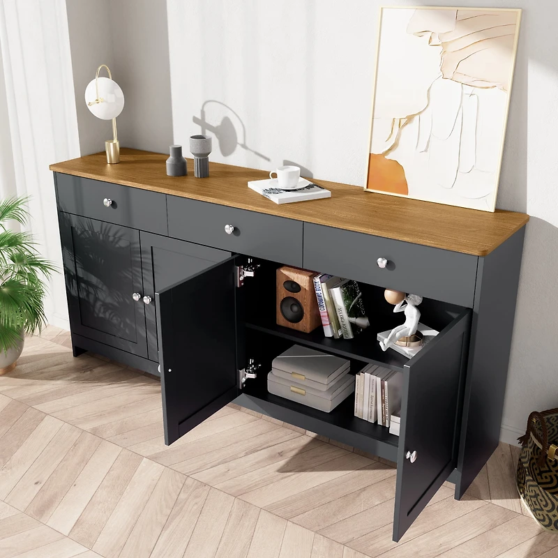 Noble House Sideboard with Gray-Black Wood Grain, 4 Doors & 3 Drawers, Wood Tone and Gray-Black for Living/Dining Room