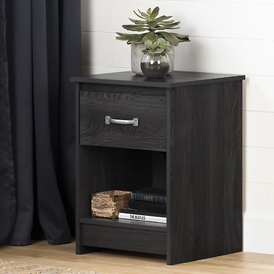 Table de chevet 1 tiroir avec espace de rangement ouvert pour Adulte, fini Chêne gris, collection Tassio de Meubles South Shore