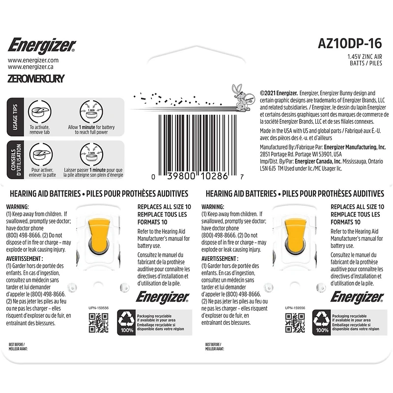 Energizer Hearing Aid Batteries Size 10, Yellow Tab, 16 Pack, Pack of 16 batteries