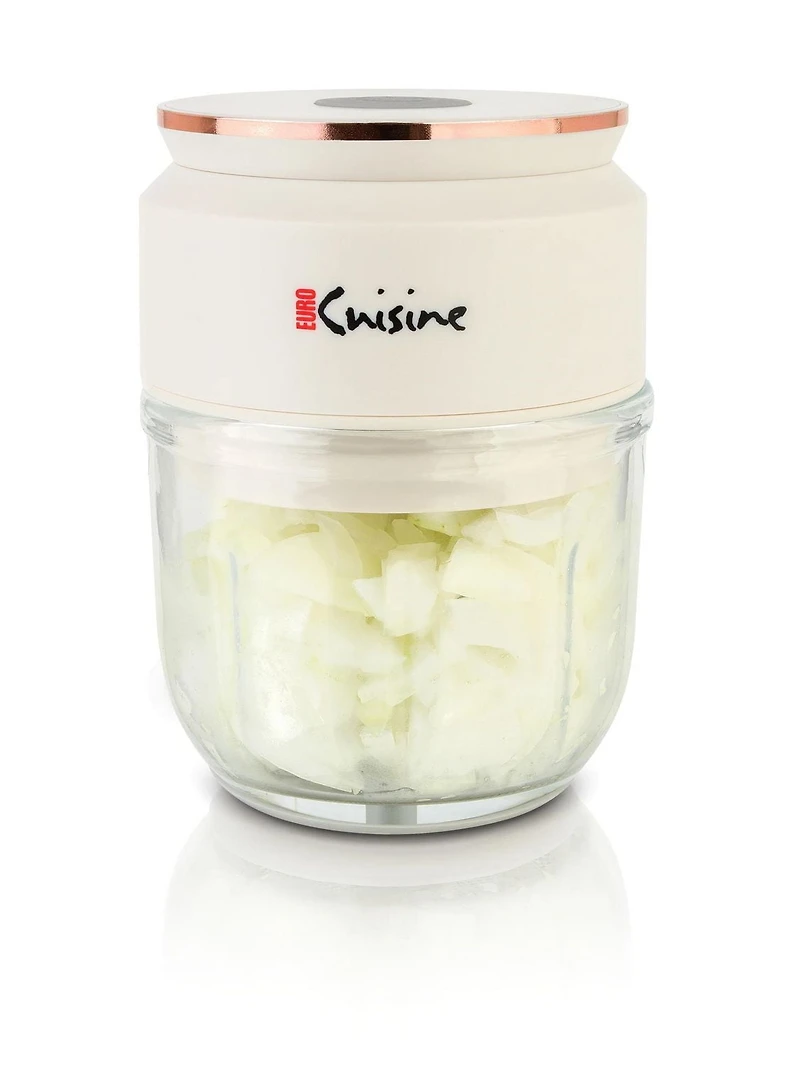Hachoir Sans Fil/Rechargeable avec Cordon USB et Bol en Verre, Blanc
