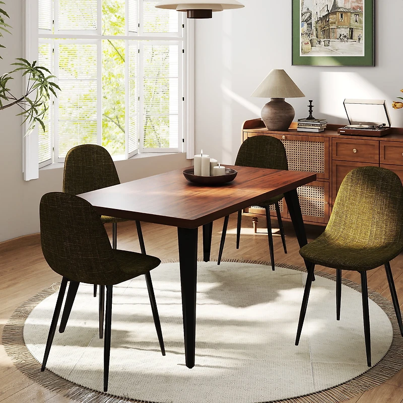 Homy Casa 63 inch Dining Set for 4, Large Faux Walnut Table with Fabric Upholstered Chairs, Green Fabric