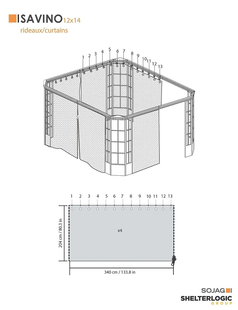 Sojag Savino 12 x 14 x 7 ft Grey Curtains for Savino Gazebo, Polyester, Outdoor Shades