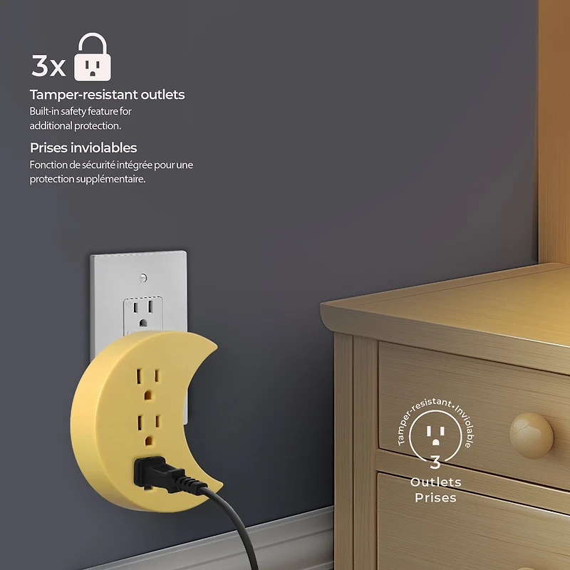Globe Electric 3-Outlet Yellow Half Moon Indoor Wall Charger Charging Adapter, Not Smart Compatible