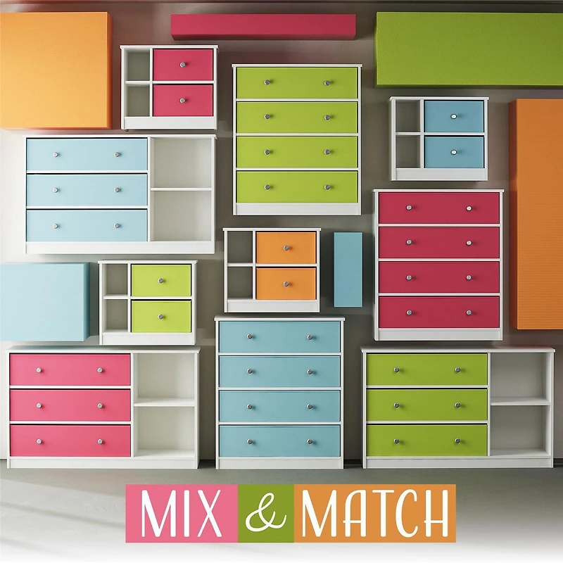 Grande commode et ses 3 tiroirs en tissu Mya Park d’Ameriwood Home, blanche et tiroirs verts