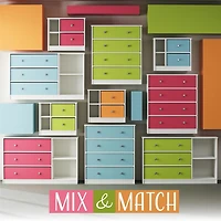 Grande commode et ses 3 tiroirs en tissu Mya Park d’Ameriwood Home, blanche et tiroirs verts