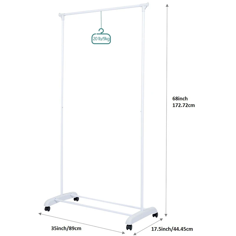 Mainstays Porte-vêtements simple tige simple, blanc. Taille assemblée: 89cmx44.45cmx172.72cm; Supporte jusqu'à 9kg; Roulettes de transport; Rangement supplémentaire en bas.