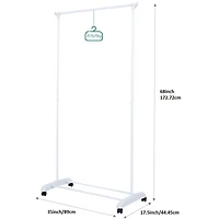 Mainstays Porte-vêtements simple tige simple, blanc. Taille assemblée: 89cmx44.45cmx172.72cm; Supporte jusqu'à 9kg; Roulettes de transport; Rangement supplémentaire en bas.