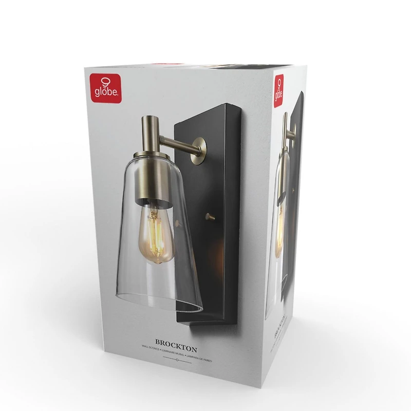 1-Light Matte Black Wall Sconce with Matte Brass Accents and Clear Glass Shade