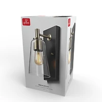 1-Light Matte Black Wall Sconce with Matte Brass Accents and Clear Glass Shade