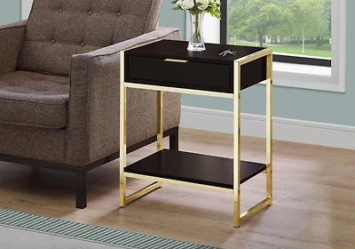 Monarch Specialties  Table D'appoint, Coté, Bout, Table De Nuit, Lampe, Tiroir De Rangement, Salon, Chambre À Coucher, Stratifié Brun, Métal D'or, Contemporain, Moderne