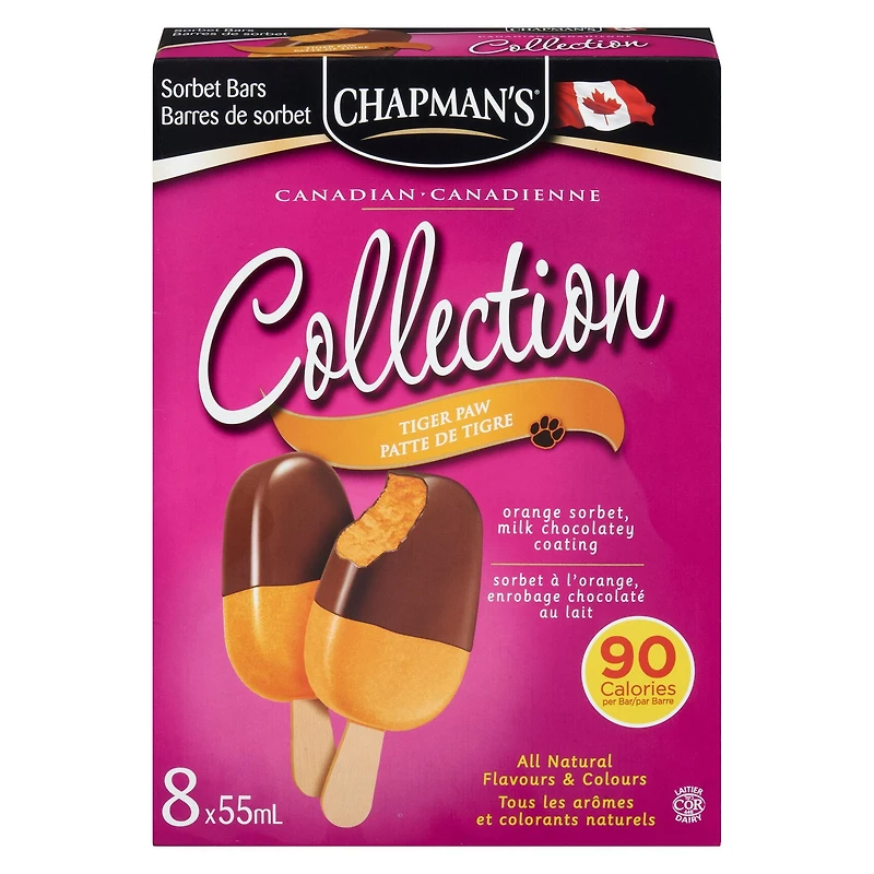 Chapman's Low Calorie Canadian Collection Tiger Paw Sorbet Bars in a Carton, 8 x 55mL