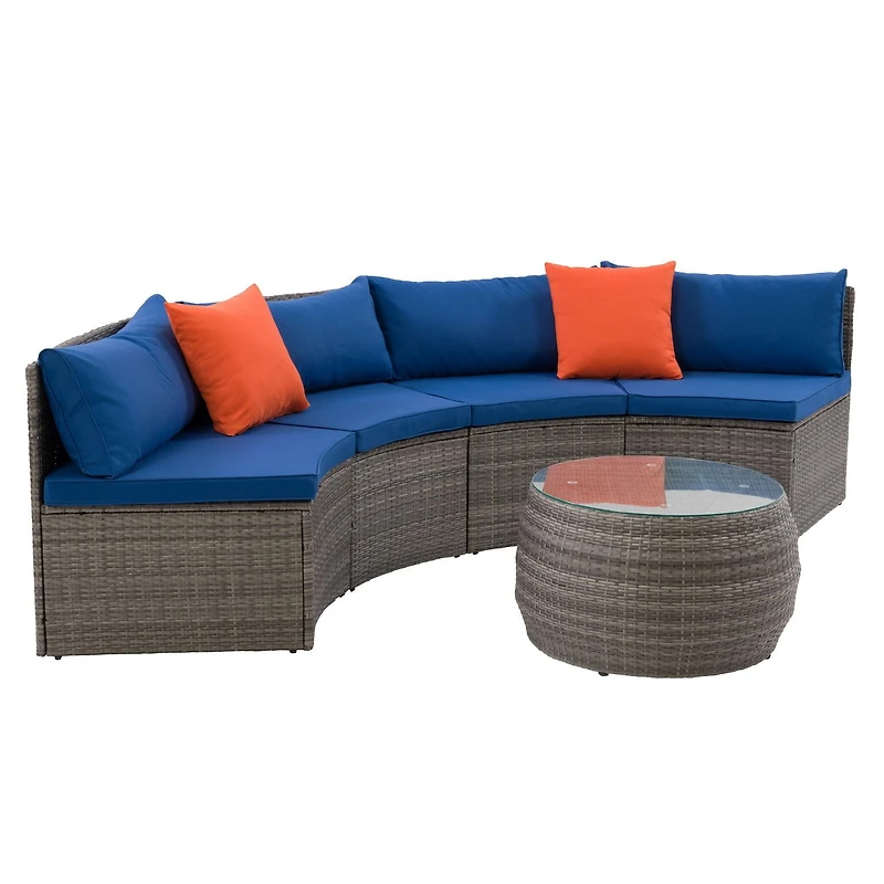 CorLiving Parksville 3-Piece Resin Wicker Patio Sectional Set- Blended Grey Finish/Oxford Blue Cushions