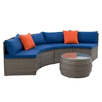 CorLiving Parksville 3-Piece Resin Wicker Patio Sectional Set- Blended Grey Finish/Oxford Blue Cushions