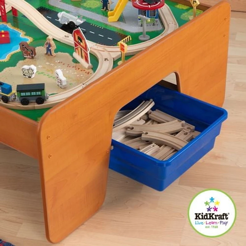 KidKraft Ride Around Town Wooden Train Set and Table with Storage Bins and 100 Pieces, Honey