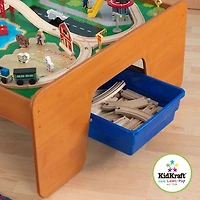 KidKraft Ride Around Town Wooden Train Set and Table with Storage Bins and 100 Pieces, Honey