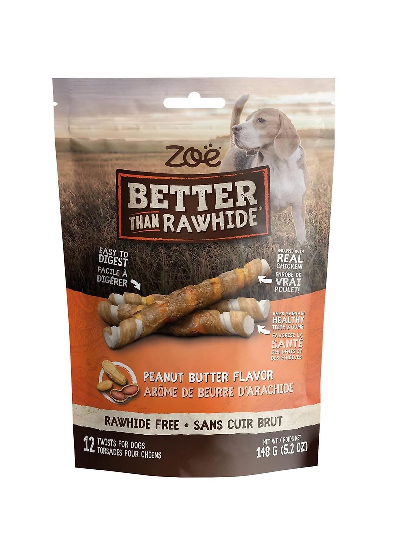 Zoe Better Than Rawhide Twists, Peanut Butter, 148 g, 148g / 12 Twists