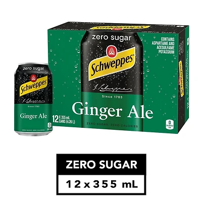Schweppes Ginger Ale Zero Sugar 12 x 355 mL, Cans, 12x355mL