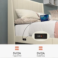 Lit plateforme rembourré Homy Casa avec ports USB et tiroirs de rangement, Queen, beige