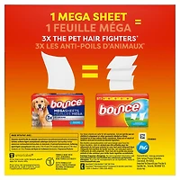 Feuilles assouplissantes méga Bounce Anti-poils d’animaux et anti-peluches avec 3 fois les anti-poils d’animaux, parfum Frais 120 feuilles