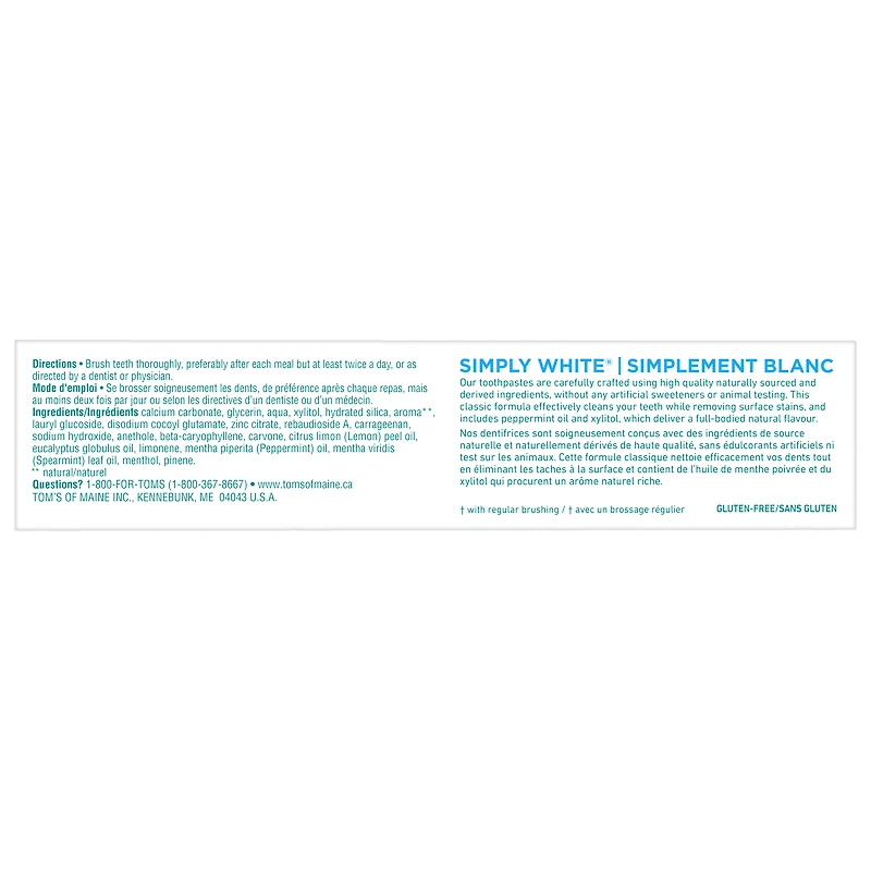 Tom’s of Maine Simply White Dentifrice sans Fluorure, Menthe Poivrée, 85 ml