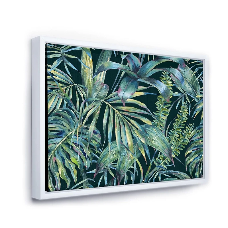 Designart Natural Leaves Exotic On Dark I FLOAT FRAME WALL ART