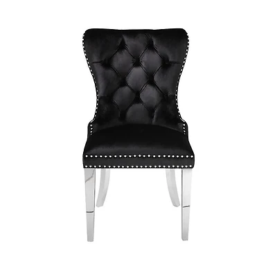 Tufted Upholstered Dining Chair with polished stainless steel legs and double nailhead trim