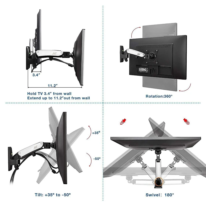 North Bayou 17"-27" Gas-Strut Monitor Wall Mount - F120-S, Silver