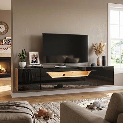 Homy Casa meuble TV flottant 64,9 po pour téléviseurs jusqu’à 65 po, console murale avec DEL par appli, noir lustré et chêne