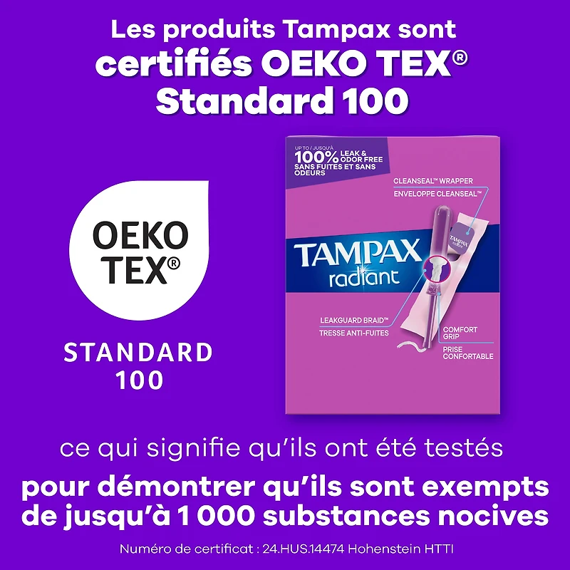 Tampons Tampax Radiant avec tresse anti-fuites LeakGuard et applicateur en plastique sans BPA, degré d’absorption Super, non parfumés 28 tampons
