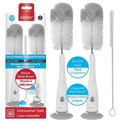 Playtex Baby Deluxe Bottle & Nipple Brushes – 3 Piece Baby Bottle Cleaning Brush with Sponge Tip, Suction Base & Straw Brush – BPA Free and Dishwasher Safe