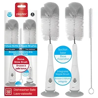 Playtex Baby Deluxe Bottle & Nipple Brushes – 3 Piece Baby Bottle Cleaning Brush with Sponge Tip, Suction Base & Straw Brush – BPA Free and Dishwasher Safe