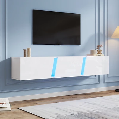 Noble House 64.9" Wall-Mounted Lowboard TV Cabinet,LED Lights with 3 Cabinet Doors for 65" TV,White
