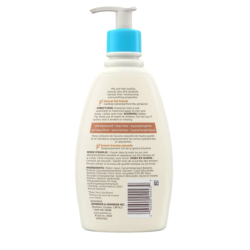 Aveeno Baby Daily Wash & Shampoo baby’s hair & Sensitive Skin Cleanser with Natural Oat Paraben Free & Phthalate Free, sulfates-free and dye-free - 354 mL, 354 mL, lightly scented