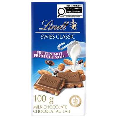 Lindt SWISS CLASSIC Fruit & Nut Milk Chocolate Bar, 100 Grams