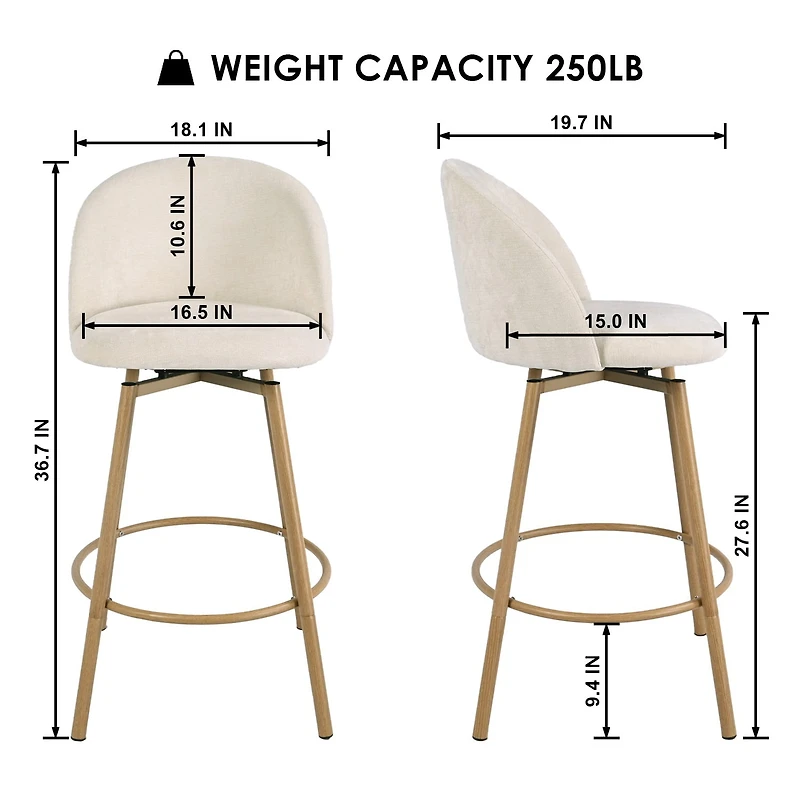 Homy Casa Set of 2 Swivel Upholstered Barstool with Metal Woodgrain Legs and Footrest for Kitchen Dining Room, Biscuit