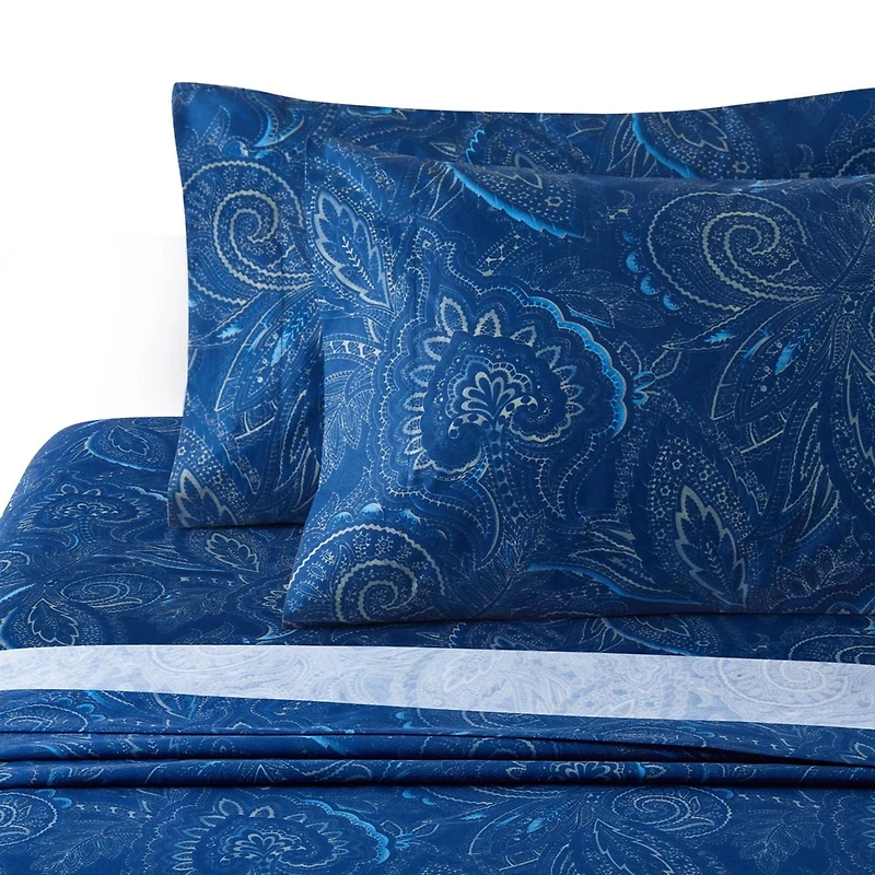 Marina Decoration Printed 600 Thread Count Soft Deep Pocket Hotel Standard Long Staple Cotton Blend Percale All Season Bedding Sheet Set, Navy Blue Paisley Pattern