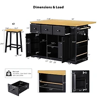 Noble House 53inch Large Kitchen Island with 2 Bar Stools, Power Outlet,Black