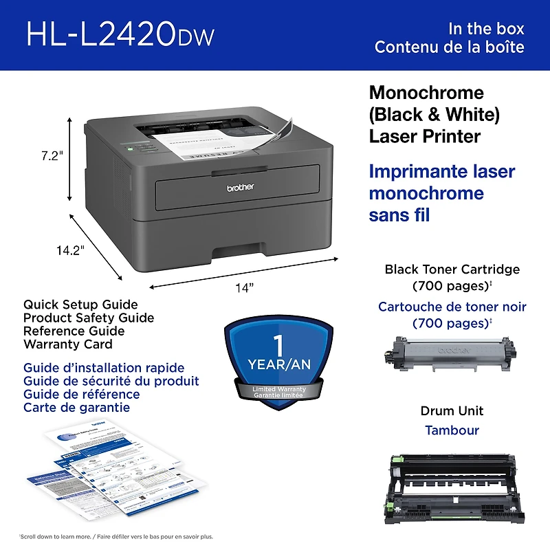 Brother Wireless HL-L2420DW Compact Monochrome Laser Printer, Duplex and Mobile Printing, Refresh Subscription Eligible