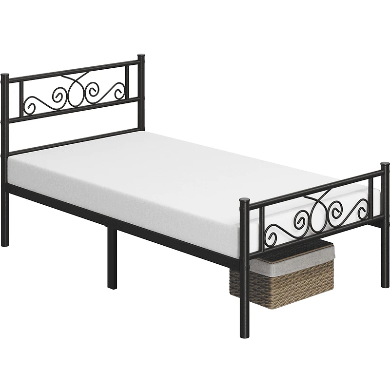 FullFurnique Graceful Scroll Metal Platform Bed Twin Bed with Headboard and Footboard for Adult, Black