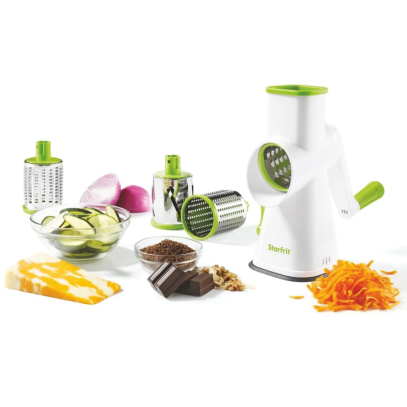 Starfrit Râpe à Tambour Avec 4 Barillets en Inox Interchangeables, Lames Ultra Tranchantes, Base Ventouse Stable, Poussoir Sécuritaire, Parfaite Pour Râper Et Trancher Légumes, Fromage, Glace Râpée Râpez, tranchez ou râpez finement avec la râpe rotative Starfrit. Comprend 3 barillets en acier inoxydable, base ventouse et poussoir sécuritaire. Aucun assemblage requis. Parfait pour légumes, fromages, chocolat, glace et plus!