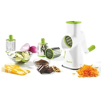 Starfrit Râpe à Tambour Avec 4 Barillets en Inox Interchangeables, Lames Ultra Tranchantes, Base Ventouse Stable, Poussoir Sécuritaire, Parfaite Pour Râper Et Trancher Légumes, Fromage, Glace Râpée Râpez, tranchez ou râpez finement avec la râpe rotative Starfrit. Comprend 3 barillets en acier inoxydable, base ventouse et poussoir sécuritaire. Aucun assemblage requis. Parfait pour légumes, fromages, chocolat, glace et plus!