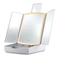 Portable Tri-Fold LED Mirror - Lighted Vanity Mirror with Storage Tray