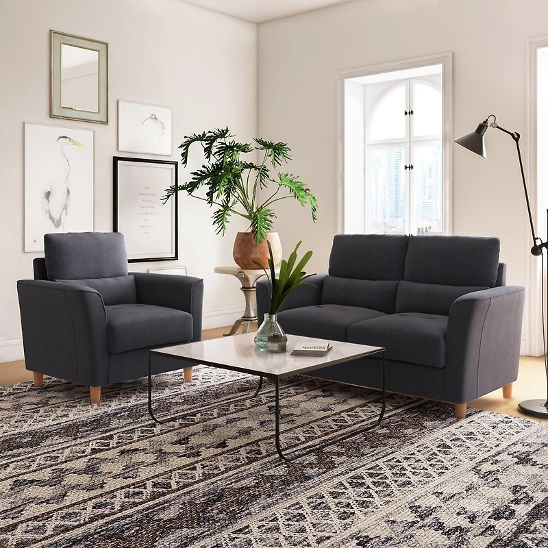 CorLiving Caroline Modern Dark Gray Upholstered 2-Piece Chair and Loveseat Indoor Set