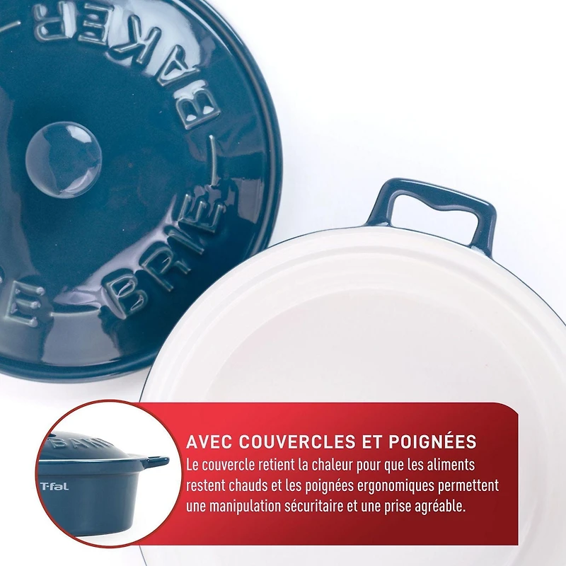 Plat de cuisson pour brie T-Fal en céramique avec couvercle et poignées (7 po/18 cm), bleu 7 po/18 cm
