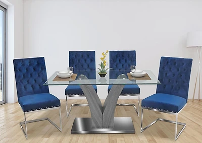 K-Living Shelly Ensemble de salle à manger 5 pièces avec plateau en verre trempé et table de base chromée avec chaises en velours bleu (1 table et 4 chaises)