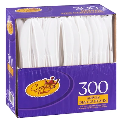 KNIVES PLASTIC, This plastic knife set includes 300 pieces, providing you with plenty of utensils for your outdoor picnic, family gathering, or event. The knives are lightweight and disposable, making them an ideal choice for your convenience.