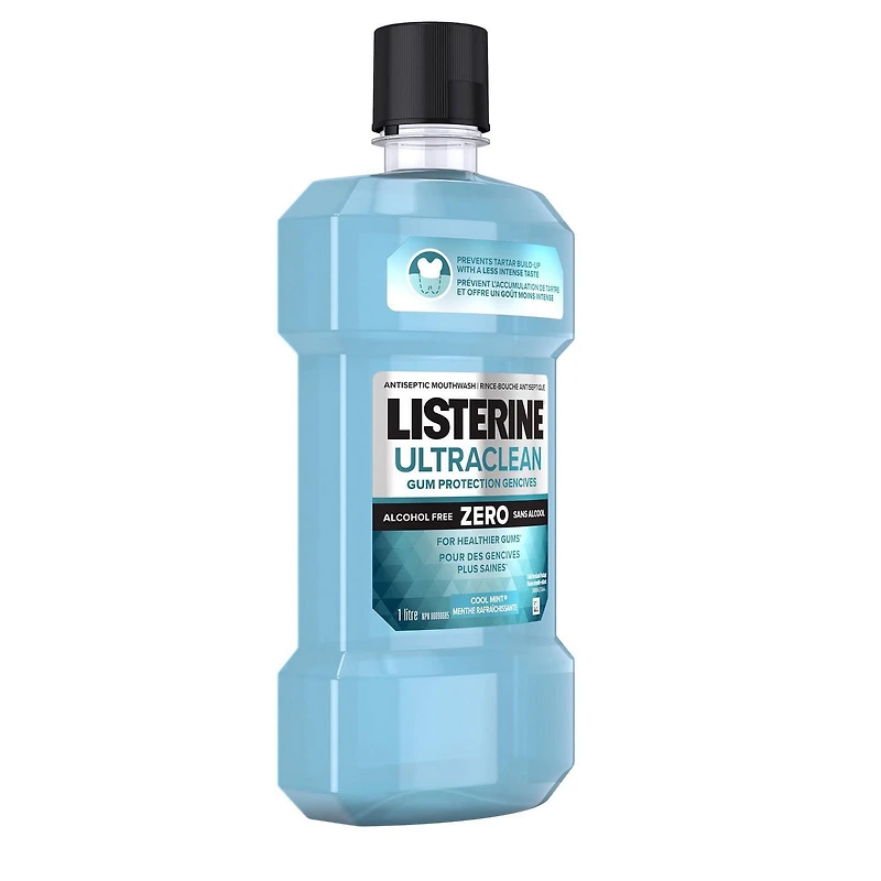 Rince-bouche Listerine Ultraclean Protection gencives Zero, Protection contre la gingivite, la plaque et le tartre, Antiseptique, antibactérien, Sans alcool, Soin buccodentaire, Menthe rafraîchissante 1l