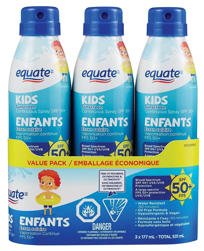 Equate Kids SPF 50+ Continuous Spray Sunscreen, 3 x 177mL