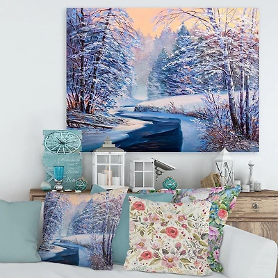 Designart Pastel Christmas Forest With River Canvas Wall Art
